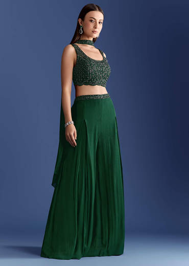 Dark Green Chinon Palazzo Set With Cutdana Croptop And Choker Dupatta