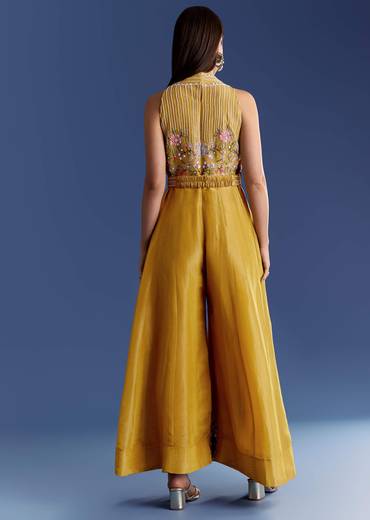 Yellow Tissue Jumpsuit With Moti And Cutdana Belt