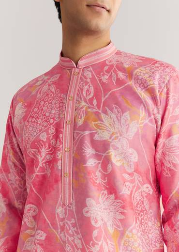 Pink Silk Kurta Set With Mandarin Collar