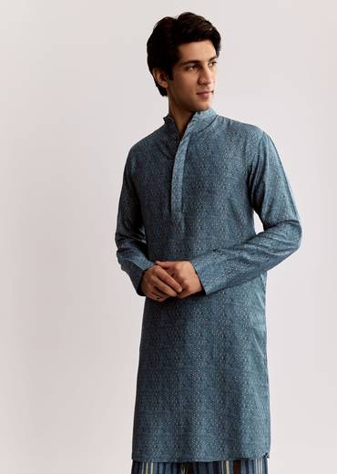 Coordinated Festive Couple Set – Blue Printed Kurti Palazzo Set With Embroidery For Her And Blue Linen Kurta Jacket Set With Ajrakh Print For Him