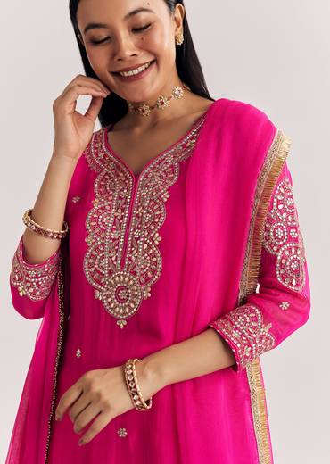 Pink Zari Work Kurta Set With Chiffon Dupatta