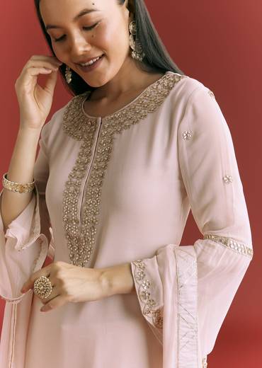 Baby Pink Georgette Kurta Sharara Suit With Moti Work And Gotta Lace