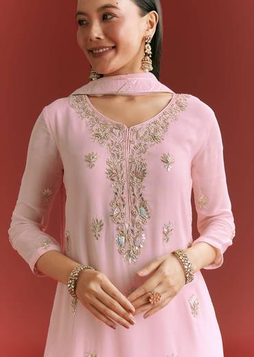 Baby Pink Georgette Kurta Sharara Suit With Organza Dupatta And Moti Work