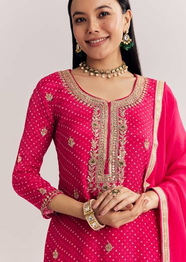 Pink Chinon Bandhani Palazzo Suit