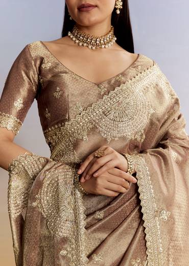 Brown Heritage Duo – Jacquard Tissue Saree For Her And Jacquard Indo Western Set For Him