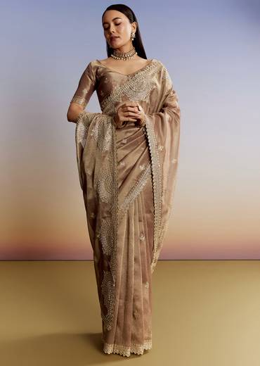 Brown Heritage Duo – Jacquard Tissue Saree For Her And Jacquard Indo Western Set For Him