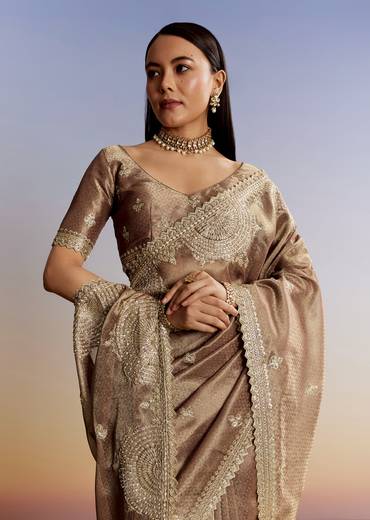 Brown Heritage Duo – Jacquard Tissue Saree For Her And Jacquard Indo Western Set For Him