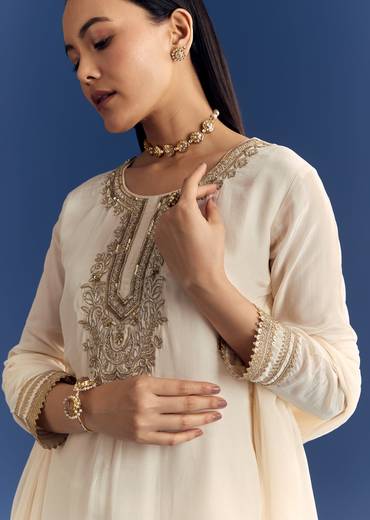 Ivory Zardosi Work Crepe Kurta Sharara Set