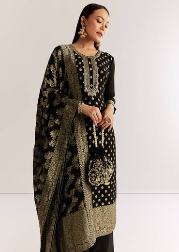 Black Georgette Banarasi Kurta Set With Mirror And Cutdana Neckline