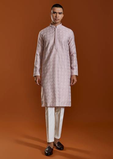 Pink Mens Jacquard Self Work Straight Kurta and Pant Set