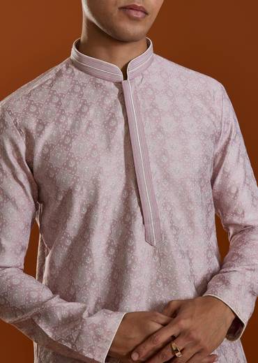 Pink Mens Jacquard Self Work Straight Kurta and Pant Set