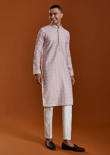 Pink Mens Jacquard Self Work Straight Kurta and Pant Set