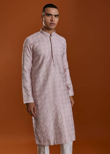 Pink Mens Jacquard Self Work Straight Kurta and Pant Set