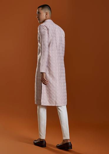 Pink Mens Jacquard Self Work Straight Kurta and Pant Set