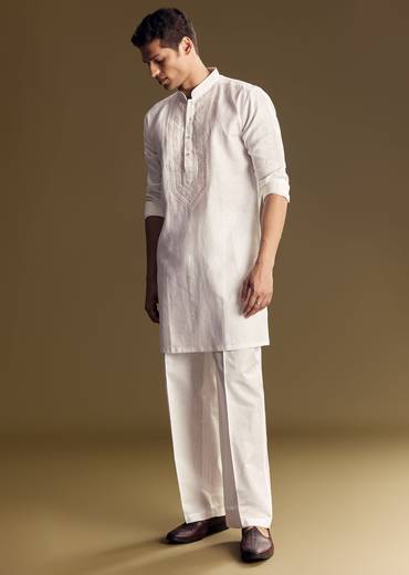 Classic White Twin Style – Cut Dana Kurta Palazzo Set For Her And White Linen Embroidered Kurta Set For Him