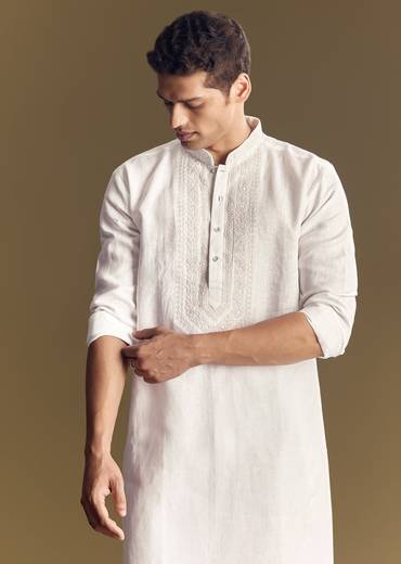 Classic White Twin Style – Cut Dana Kurta Palazzo Set For Her And White Linen Embroidered Kurta Set For Him