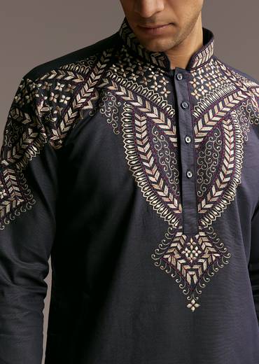 Refined Navy Harmony Couple Set – Navy Blue Georgette Saree with Resham Thread and Cutdana Embroidery for Her And Blue Linen Kurta Set with Resham Embroidery for Him