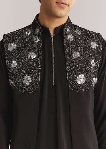 Black Suiting Cutdana Sequins Floral Kurta Jacket Set