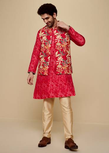 Red Silk 3D Crystal Pearl Floral Kurta Jacket Set