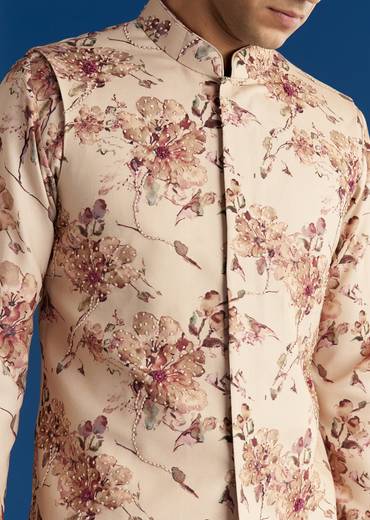 Beige Silk Pashmina Threadwork Kurta Jacket Set With Sequins