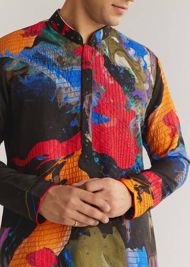 Multicolour Black Rawsilk Abstract Printed Kurta Set