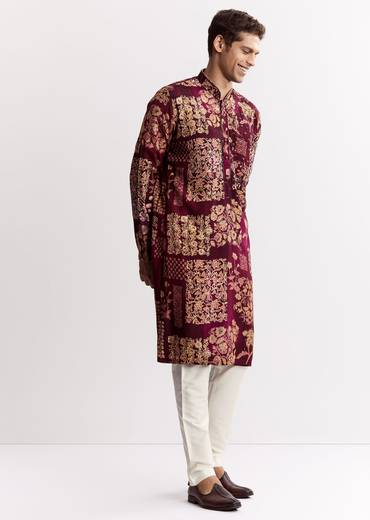 Wine Chanderi Kurta Set With Stone Sequins And Cutdana Work