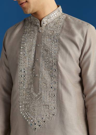 Grey Silk Yoke Mirror Gotta Work Zari Sequins Kurta Set