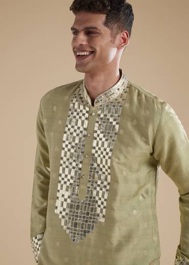Pista Green Eid Pairing – Mirror Work Sharara Set For Her And Olive Silk Embellished Kurta Set For Him