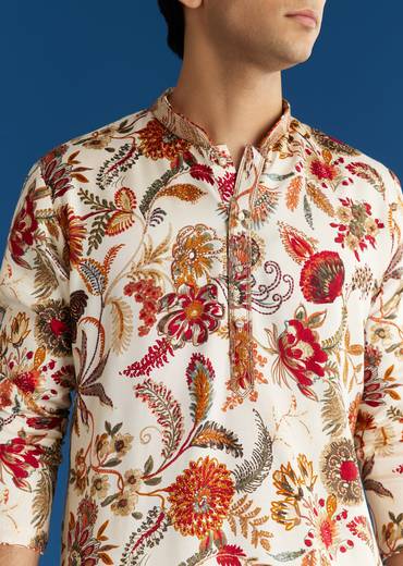 Cream Silk Floral Resham Embroidered Kurta Set