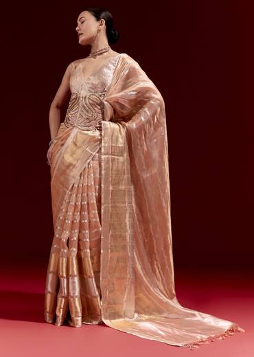 Elegant Festive Couple Set – Peach Banarasi Tissue Saree with Cutdana Belt for Her And Off-White Silk Motif Kurta Set for Him