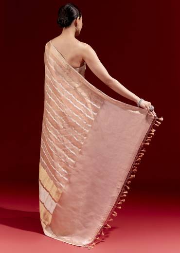 Elegant Festive Couple Set – Peach Banarasi Tissue Saree with Cutdana Belt for Her And Off-White Silk Motif Kurta Set for Him