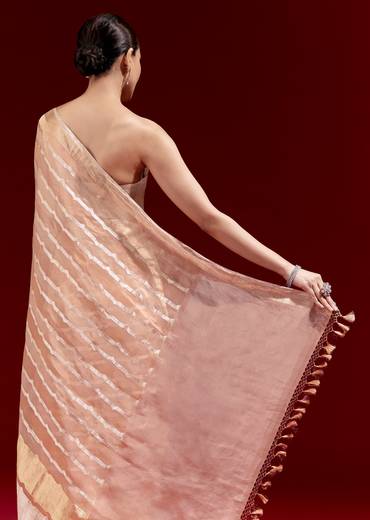 Elegant Festive Couple Set – Peach Banarasi Tissue Saree with Cutdana Belt for Her And Off-White Silk Motif Kurta Set for Him