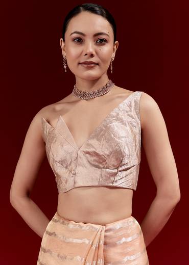 Elegant Festive Couple Set – Peach Banarasi Tissue Saree with Cutdana Belt for Her And Off-White Silk Motif Kurta Set for Him