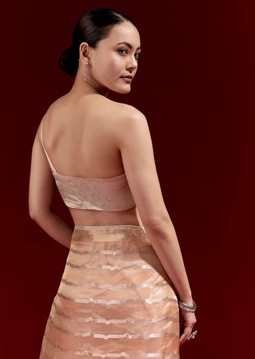 Elegant Festive Couple Set – Peach Banarasi Tissue Saree with Cutdana Belt for Her And Off-White Silk Motif Kurta Set for Him