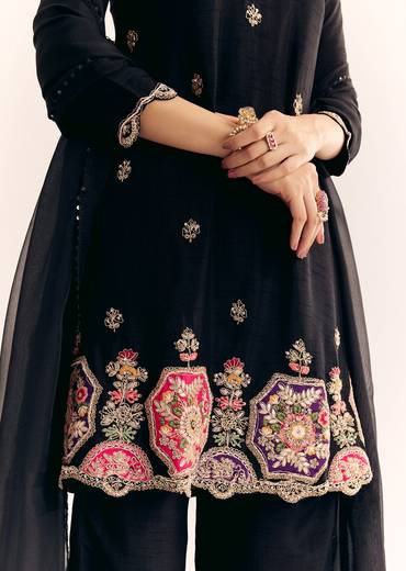 Black Zardosi Work Dola Silk Kurta And Organza Dupatta Suit