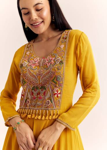 Yellow Chinon Zardosi Kurta Palazzo Suit