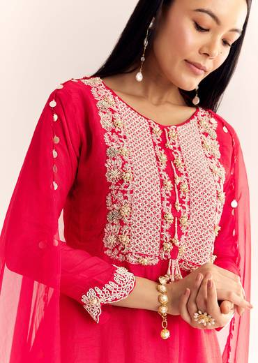 Red Moti Threadwork Dola Silk Sharara Suit With Organza Dupatta