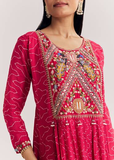 Red Dola Silk Gown With Embroidered Print