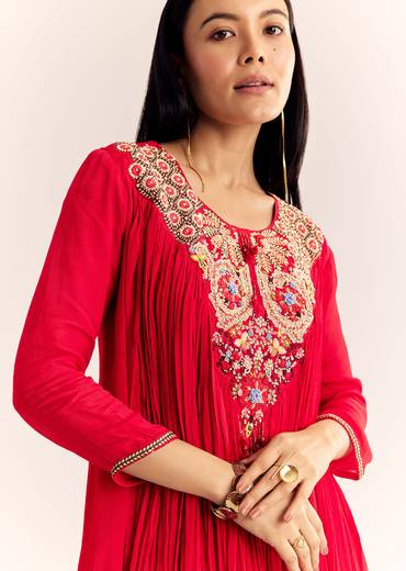 Red Chinon Flared Kurta Sharara With Thread Work