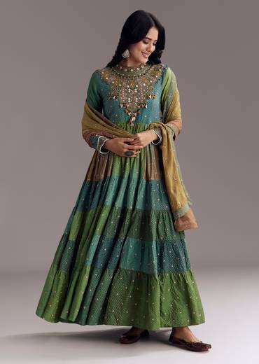 Colourful Artisan Festive Couple Set – Multi-Color Chanderi Anarkali For Her And Teal Kalamkari Kurta Set For Him