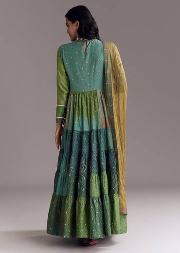 Colourful Artisan Festive Couple Set – Multi-Color Chanderi Anarkali For Her And Teal Kalamkari Kurta Set For Him