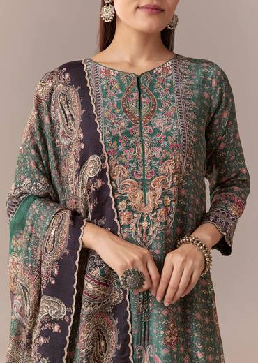 Olive Indie Coordinated Set – Printed Kurta Set With Dupatta For Her And Olive Silk Kurta Set With Dupatta For Him