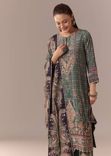 Olive Indie Coordinated Set – Printed Kurta Set With Dupatta For Her And Olive Silk Kurta Set With Dupatta For Him