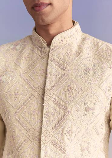 Ivory Heritage Duo – Lucknowi Anarkali Set For Her And Banarasi Silk Kurta Jacket Set For Him