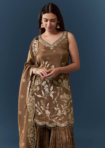 Rustic Brown Festive Pair – Jacquard Kurta Sharara Set For Her And Brown Casual Kurta Set For Him
