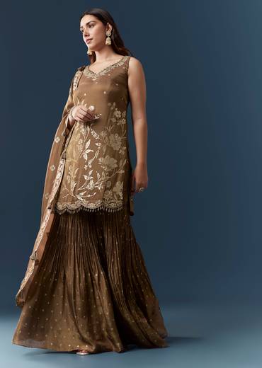 Rustic Brown Festive Pair – Jacquard Kurta Sharara Set For Her And Brown Casual Kurta Set For Him