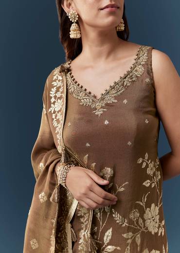 Rustic Brown Festive Pair – Jacquard Kurta Sharara Set For Her And Brown Casual Kurta Set For Him