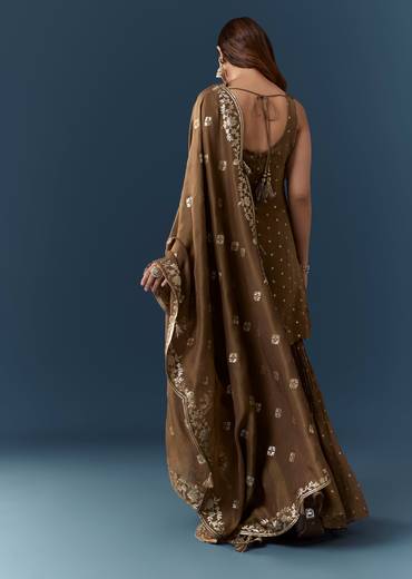 Rustic Brown Festive Pair – Jacquard Kurta Sharara Set For Her And Brown Casual Kurta Set For Him