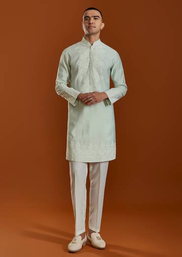 Pista Green Mens Kurta Set With Thread Work