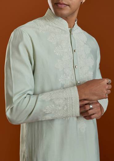 Pista Green Mens Kurta Set With Thread Work